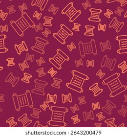 Brown line Ancient papyrus scroll icon isolated seamless pattern on red background. Parchment paper. Ancient Egypt symbol.  Vector