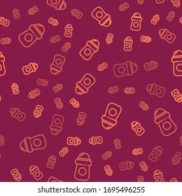 Brown line Antiperspirant deodorant roll icon isolated seamless pattern on red background. Cosmetic for body hygiene.  Vector Illustration