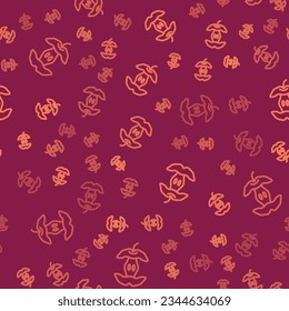 Brown line Apple core icon isolated seamless pattern on red background. Bitten apple symbol. Apple stub silhouette. Biodegradable garbage sign.  Vector