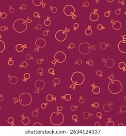 Linha marrom ícone da Apple isolado padrão sem costura no fundo vermelho. Fruta com símbolo de folha.  Ilustração de vetor