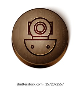 Brown line Aqualung icon isolated on white background. Diving helmet. Diving underwater equipment. Wooden circle button. Vector Illustration