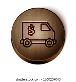 Brown line Armored truck icon isolated on white background. Wooden circle button. Vector Illustration