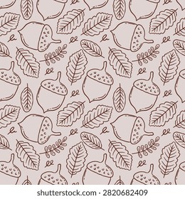 Brown line art acorn seamless pattern, hand drawn autumn oak nuts and leaves outline vector repeat background for Thanksgiving wrapping paper and fabric