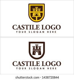 Brown line art badge logo design castle suitable for food drink restaurant business shop playground