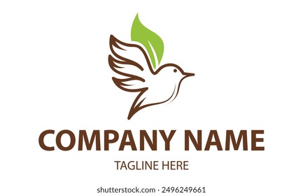 Brown Line Art Color Bird  and Green Leaf Logo Design