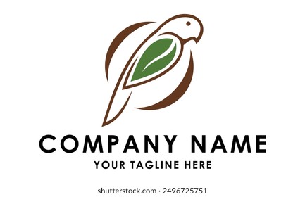 Brown Line Art Color Bird and Green Leaf Logo Design