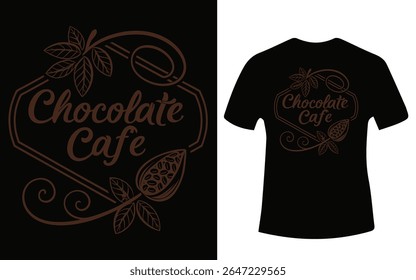 A brown line art design for a chocolate cafe, featuring cocoa beans and coffee beans, printed on a black t-shirt.