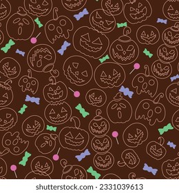 Brown Line art Halloween pumpkin seamless vector background with funny, scary, and angry faces. Halloween vector pattern with white pumpkins and sweets.