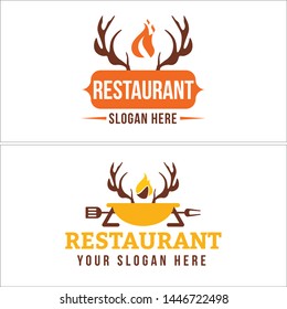 Brown line art logo design combine deer antlers and fire with grill suitable for food drink restaurant business company