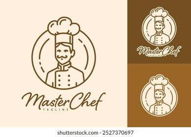 Um design de logotipo de arte de linha marrom com um chef usando um chapéu em círculo com o texto "Master Chef" abaixo.