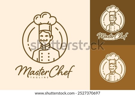 A brown line art logo design featuring a chef wearing a hat in a circle with the text "Master Chef" below.
