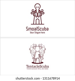 Brown line art octopus building combination mark logo design vector concept suitable for animal sea seafood scuba aquatic cookies