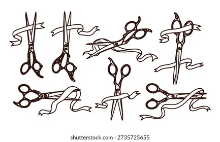 Brown line art scissors with ribbons cut and uncut various positions