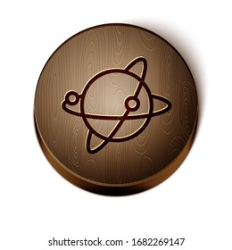 Brown line Artificial satellites orbiting the planet Earth in outer space icon isolated on white background. Communication, navigation concept. Wooden circle button. Vector Illustration