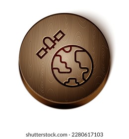Brown line Artificial satellites orbiting the planet Earth in outer space icon isolated on white background. Communication, navigation concept. Wooden circle button. Vector