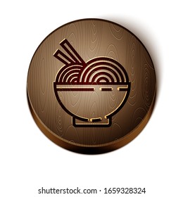 Brown line Asian noodles in bowl and chopsticks icon isolated on white background. Street fast food. Korean, Japanese, Chinese food. Wooden circle button. Vector Illustration