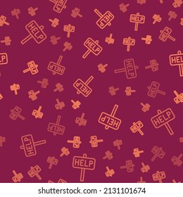 Brown Line Ask For Help Text Icon Isolated Seamless Pattern On Red Background.  Vector