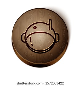 Brown line Astronaut helmet icon isolated on white background. Wooden circle button. Vector Illustration