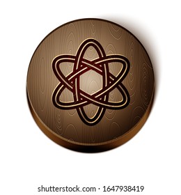 Icono de la línea marrón Atom aislado en fondo blanco. Símbolo de ciencia, educación, física nuclear, investigación científica. Botón de círculo de madera.  Ilustración vectorial