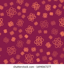 Braune Linie Atom Symbol einzeln auf rotem Hintergrund. Symbol für Wissenschaft, Bildung, Nuklearphysik, wissenschaftliche Forschung. Vektorillustration-Illustration
