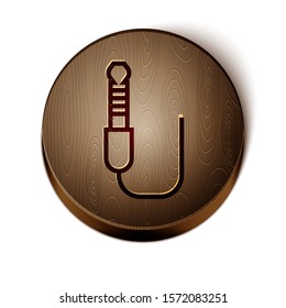 Brown line Audio jack icon isolated on white background. Audio cable for connection sound equipment. Plug wire. Musical instrument. Wooden circle button. Vector Illustration