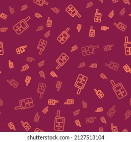 Brown line Baby monitor walkie talkie icon isolated seamless pattern on red background.  Vector