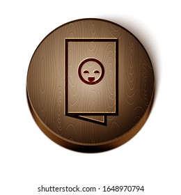 Brown line Baby shower invitations cards, poster, greeting, template, stork icon isolated on white background. Happy Birthday Party card. Wooden circle button. Vector Illustration