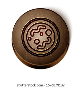 Línea marrón Icono de bacterias aislado en fondo blanco. Bacterias y gérmenes, microorganismos causantes de enfermedades, cáncer celular, microbio, virus, hongos. Botón de círculo de madera.  Ilustración vectorial