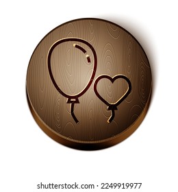 Brown line Balloons in form of heart with ribbon icon isolated on white background. Wooden circle button. Vector Illustration