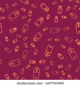 Brown line Battery icon isolated seamless pattern on red background. Lightning bolt symbol.  Vector Illustration