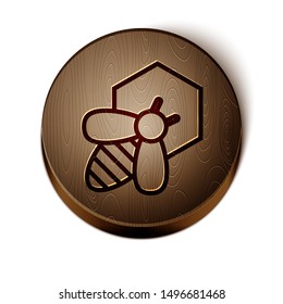 Brown line Bee and honeycomb icon isolated on white background. Honey cells. Honeybee or apis with wings symbol. Flying insect. Sweet natural food. Wooden circle button. Vector Illustration