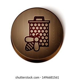 Brown line Bee and honeycomb icon isolated on white background. Honey cells. Sweet natural food. Honeybee or apis with wings symbol. Flying insect. Wooden circle button. Vector Illustration