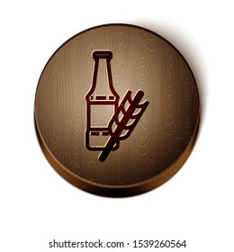 Brown line Beer bottle icon isolated on white background. Wooden circle button. Vector Illustration