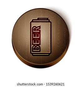 Brown line Beer can icon isolated on white background. Wooden circle button. Vector Illustration