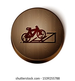 Brown line Bicycle on street ramp icon isolated on white background. Skate park. Extreme sport. Sport equipment. Wooden circle button. Vector Illustration