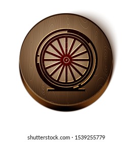 Brown line Bicycle wheel icon isolated on white background. Bike race. Extreme sport. Sport equipment. Wooden circle button. Vector Illustration