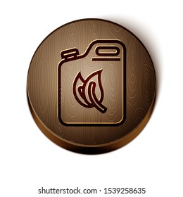 Brown line Bio fuel canister icon isolated on white background. Eco bio and barrel. Green environment and recycle. Wooden circle button. Vector Illustration