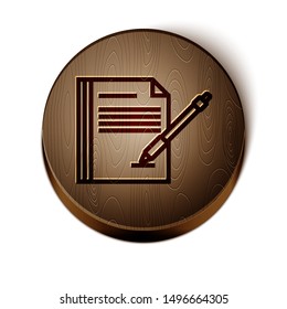 Brown line Blank notebook and pen icon isolated on white background. Paper and pen. Wooden circle button. Vector Illustration