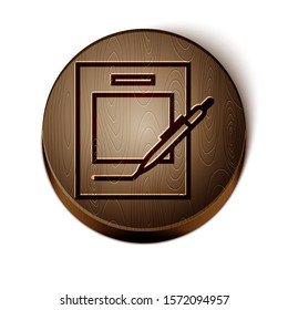 Brown line Blank notebook and pen icon isolated on white background. Paper and pen. Wooden circle button. Vector Illustration