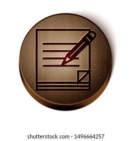 Brown line Blank notebook and pencil with eraser icon isolated on white background. Paper and pencil. Wooden circle button. Vector Illustration