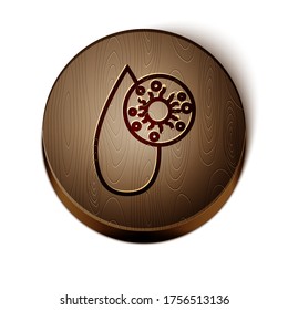 Línea marrón Prueba de sangre e icono del coronavirus de la molécula del virus aislado en el fondo blanco. Coronavirus, COVID-19. 2019-nCoV. Botón de círculo de madera. Ilustración vectorial