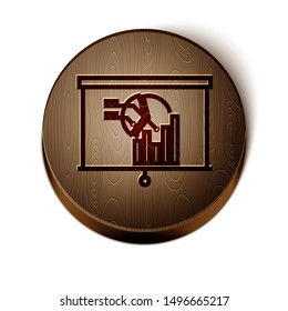 Brown line Board with graph chart icon isolated on white background. Report text file icon. Accounting sign. Audit, analysis, planning. Wooden circle button. Vector Illustration