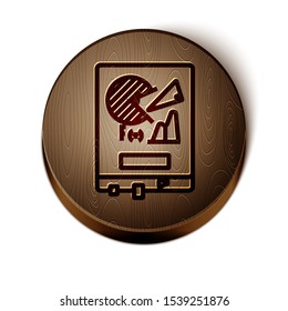 Brown line Board with graph chart icon isolated on white background. Report text file icon. Accounting sign. Audit, analysis, planning. Wooden circle button. Vector Illustration