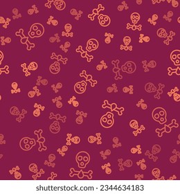 Brown line Bones and skull as a sign of toxicity warning icon isolated seamless pattern on red background.  Vector