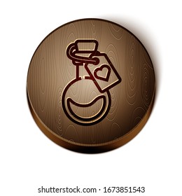 Brown line Bottle with love potion icon isolated on white background. Valentines day symbol. Wooden circle button. Vector Illustration