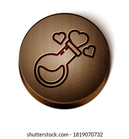 Brown line Bottle with love potion icon isolated on white background. Valentines day symbol. Wooden circle button. Vector Illustration