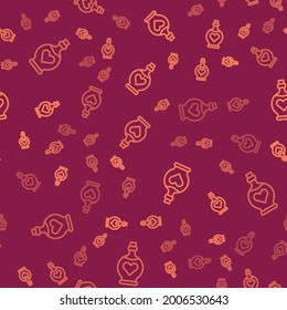 Brown line Bottle with love potion icon isolated seamless pattern on red background. Valentines day symbol.  Vector