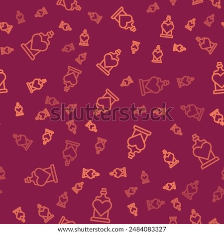 Brown line Bottle with love potion icon isolated seamless pattern on red background. Valentines day symbol.  Vector