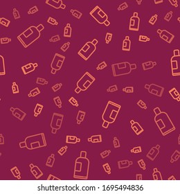 Línea marrón Frasco de icono de champú aislado patrón sin fisuras sobre fondo rojo. Ilustración vectorial