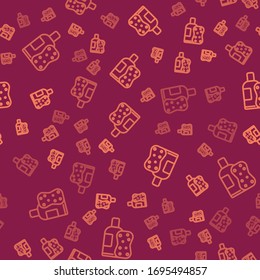 Brown line Bottle of shampoo and sponge icon isolated seamless pattern on red background.  Vector Illustration